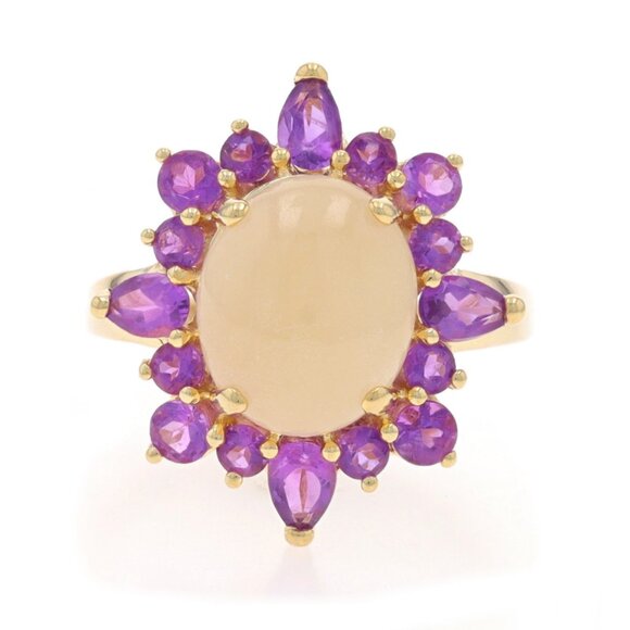 Yellow Gold Quartz Amethyst Halo Ring 14k Oval Cabochon 5.16ctw Flower - Picture 1 of 6